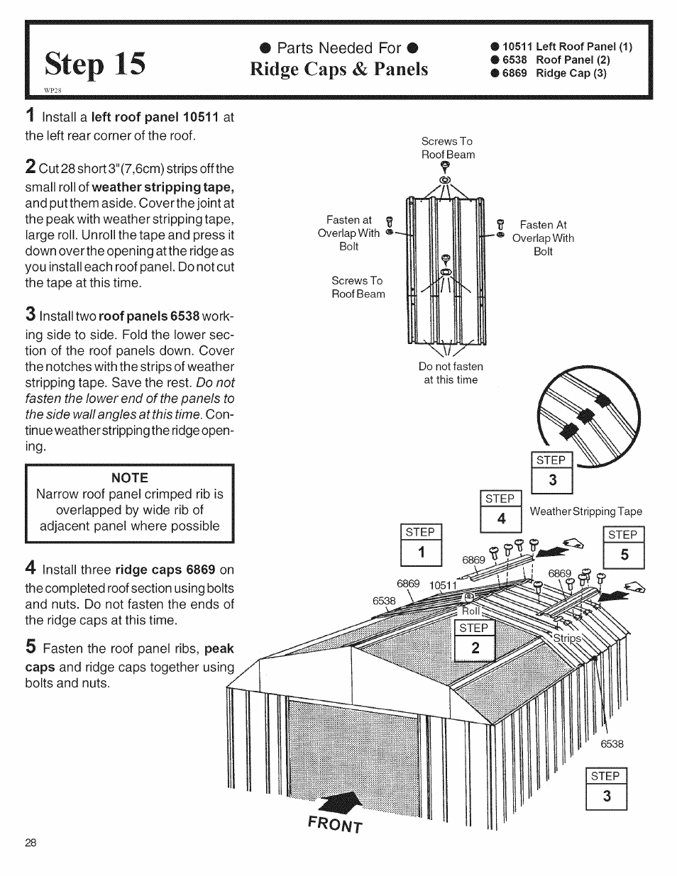 Parts needed for • ridge caps & panels, Step 15, Ridge caps & panels | Arrow Storage Products 697.68222 User Manual | Page 28 / 34