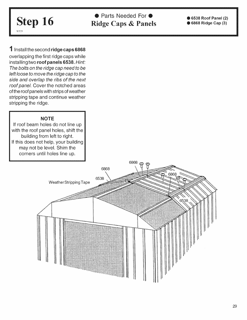 Step 16, Ridge caps & panels | Arrow Storage Products 697.68222 User Manual | Page 29 / 34