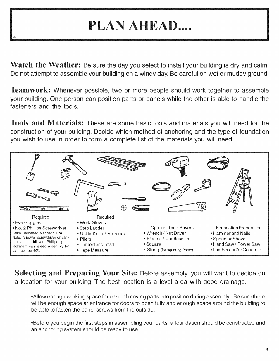 Watch the weather, Teamwork, Tools and materials | Selecting and preparing your site | Arrow Storage Products 697.68222 User Manual | Page 3 / 34