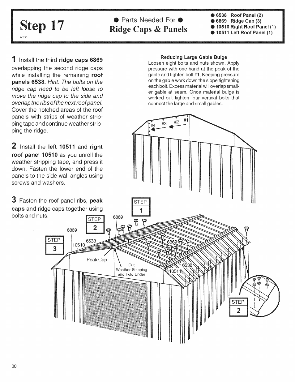 Parts needed for • ridge caps & panels, Step 17, Ridge caps & panels | Arrow Storage Products 697.68222 User Manual | Page 30 / 34