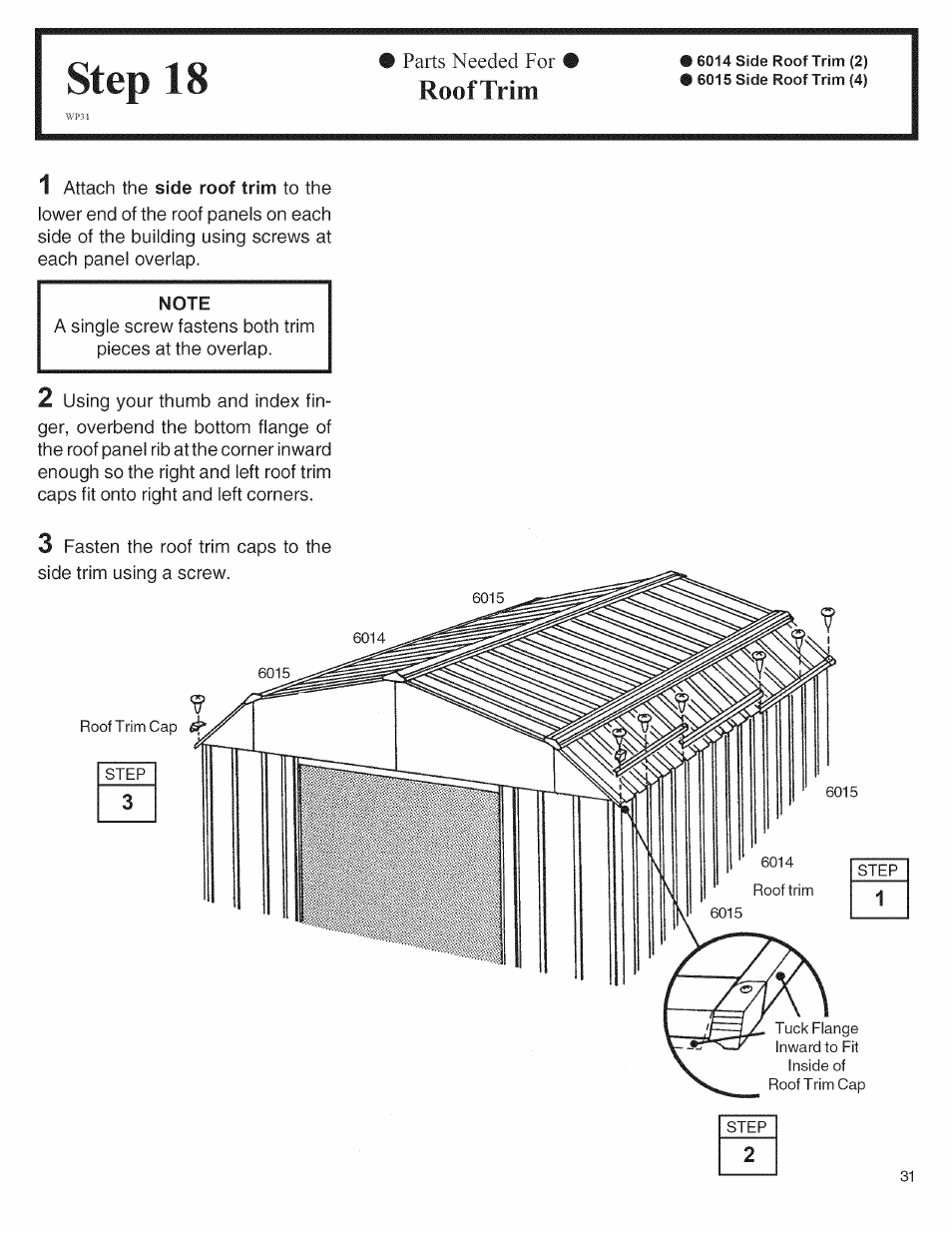 Step 18, Rooftrim, Parts needed for | Arrow Storage Products 697.68222 User Manual | Page 31 / 34