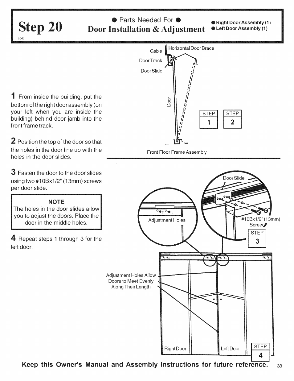 Parts needed for, Door installation & adjustment, Step 20 | Arrow Storage Products 697.68222 User Manual | Page 33 / 34