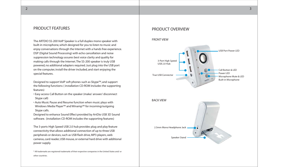Product features, Product overview | ArtDio SS-200 User Manual | Page 2 / 15
