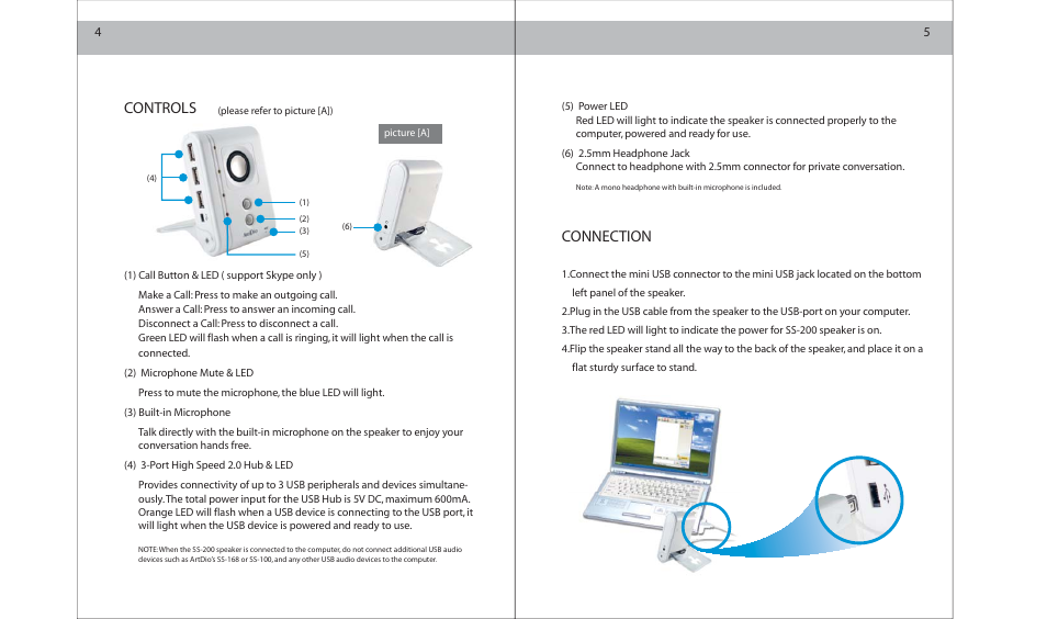 Connection, Controls | ArtDio SS-200 User Manual | Page 3 / 15