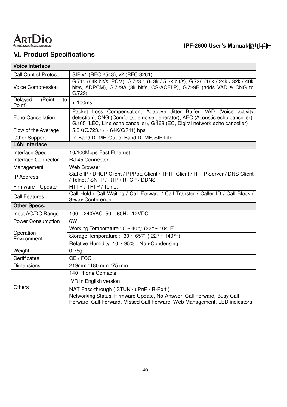 Product specifications | ArtDio IPF-2600 User Manual | Page 46 / 90