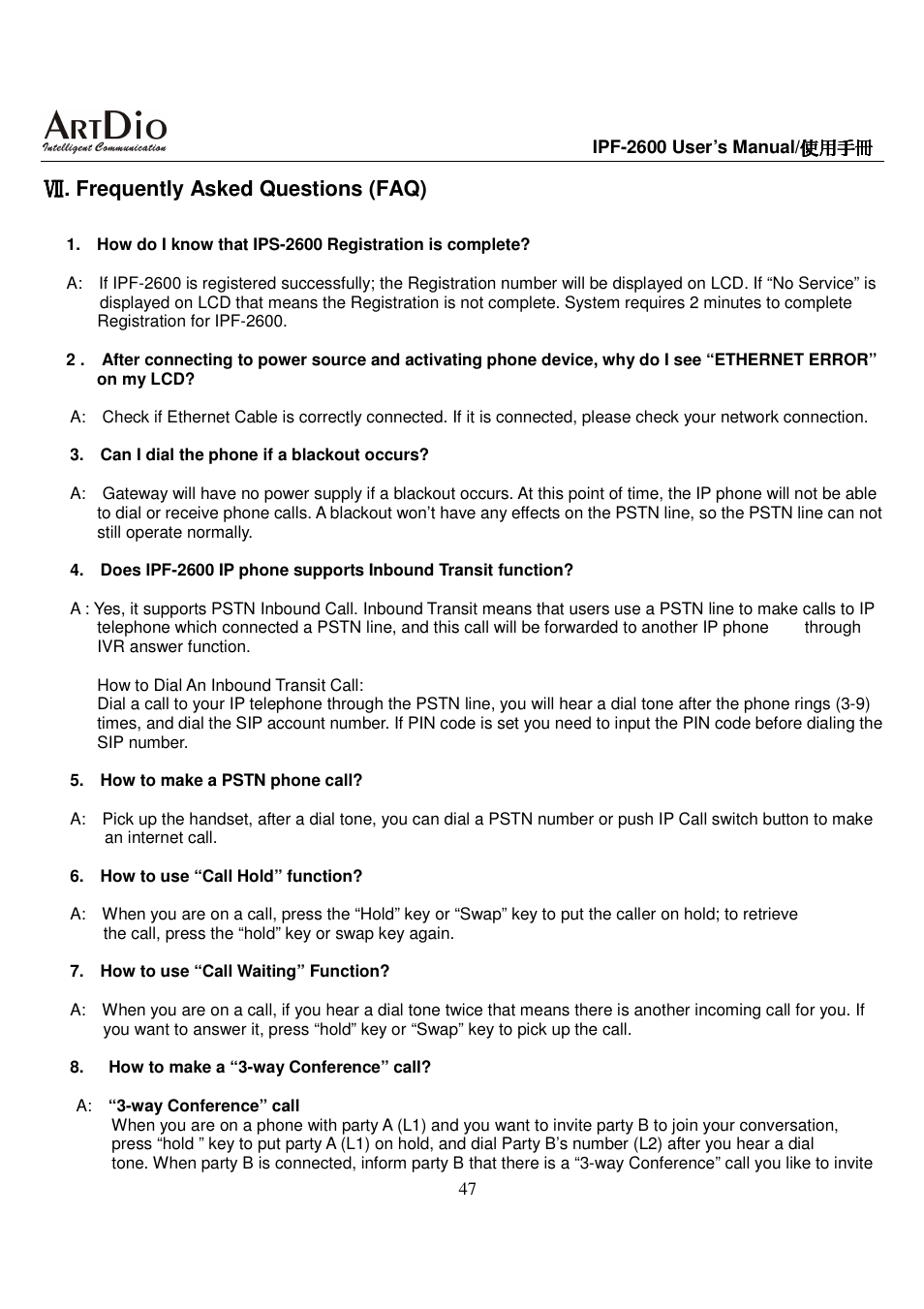 Frequently asked questions (faq) | ArtDio IPF-2600 User Manual | Page 47 / 90
