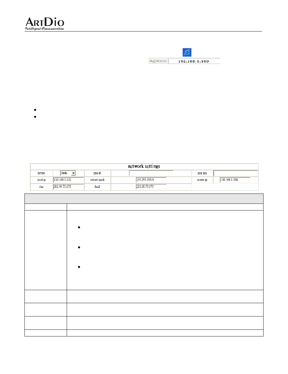 Web configuration, 1 network settings, Networking parameter values | ArtDio IPF-2000L User Manual | Page 17 / 36