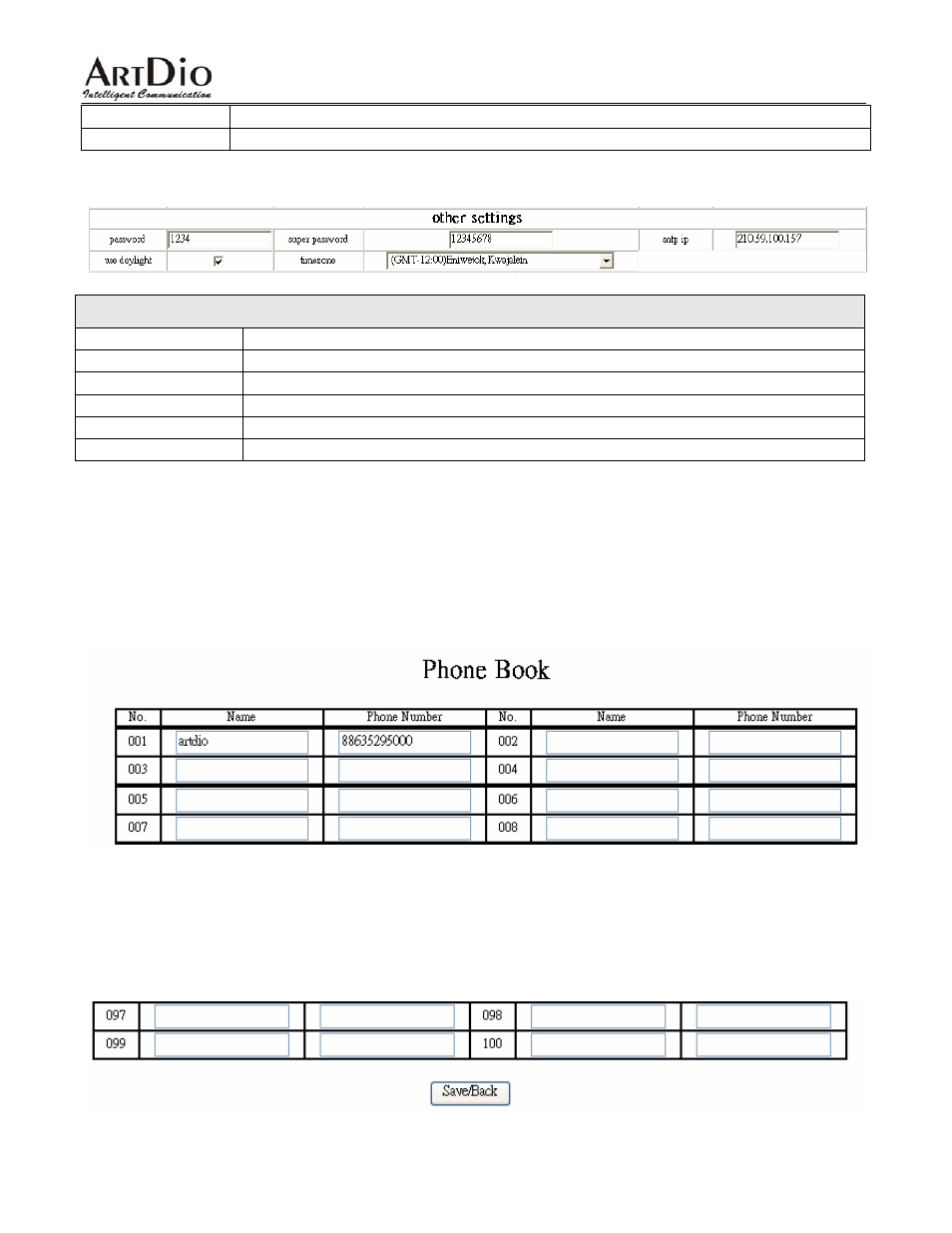 5 other settings, 6 update, 7 phone book | Other param es eter valu | ArtDio IPF-2000L User Manual | Page 23 / 36