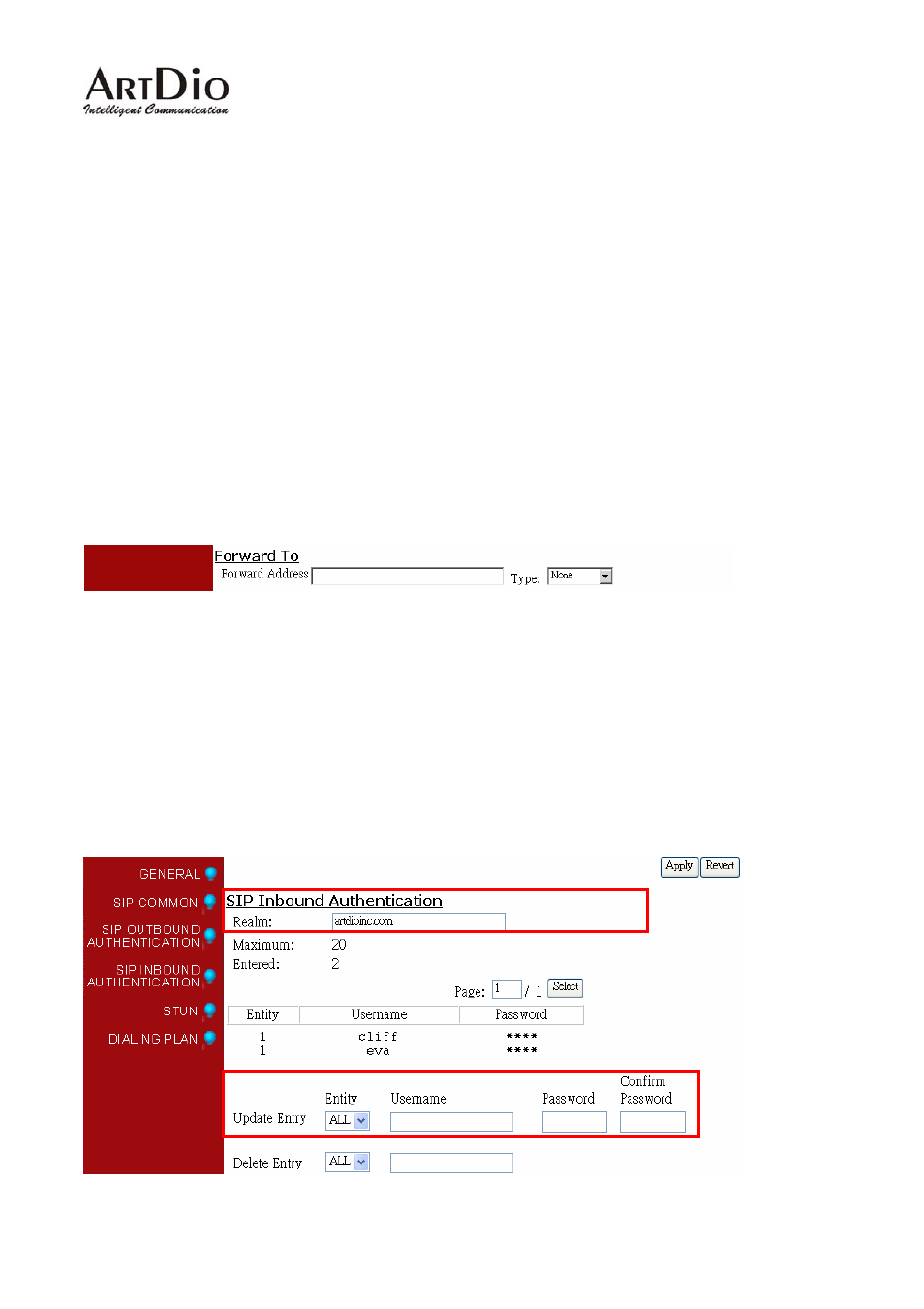 Call forward, Inbound authentication | ArtDio IPS 1000 User Manual | Page 32 / 59