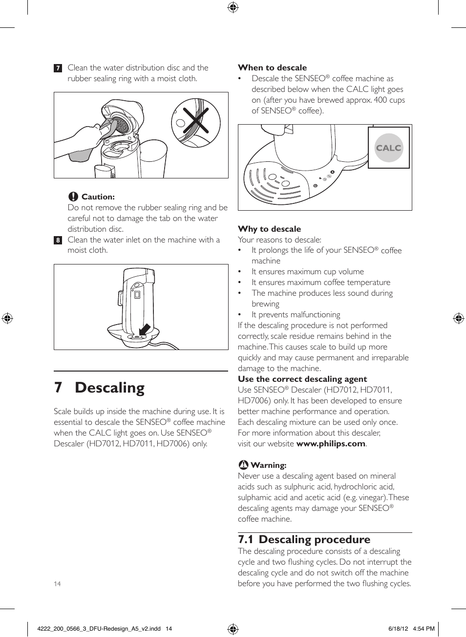 7 descaling, 1 descaling procedure | Philips SENSEO® Twist & Milk Kaffeepadmaschine User Manual | Page 14 / 123