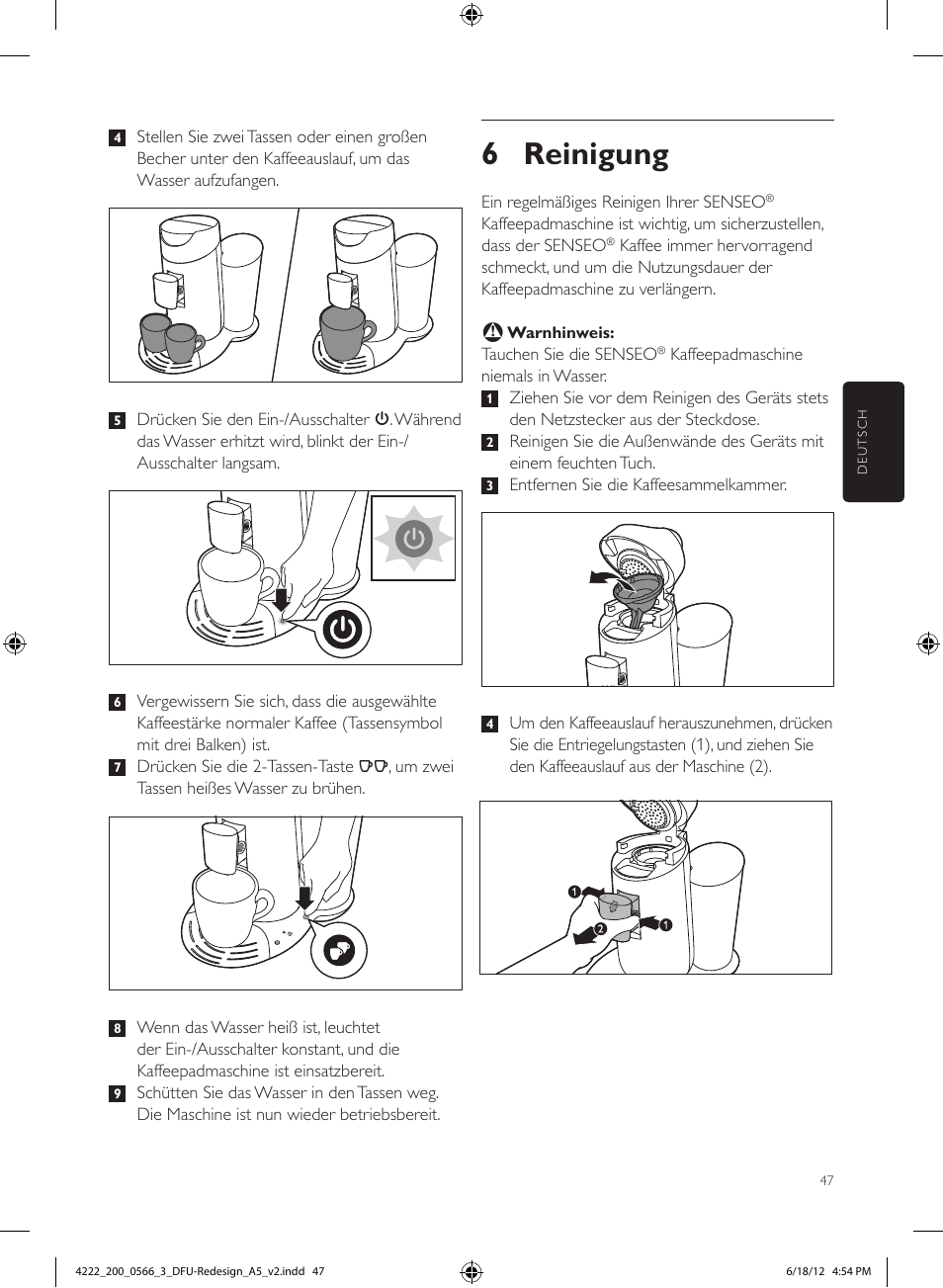 6 reinigung | Philips SENSEO® Twist & Milk Kaffeepadmaschine User Manual | Page 47 / 123