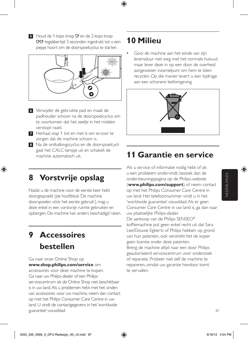 10 milieu, 11 garantie en service, 8 vorstvrije opslag | 9 accessoires bestellen | Philips SENSEO® Twist & Milk Kaffeepadmaschine User Manual | Page 87 / 123