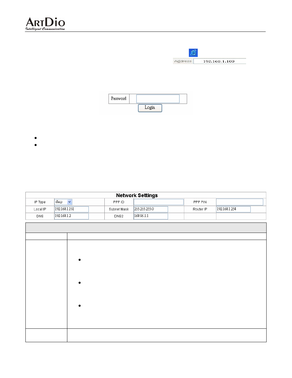 Web configuration, 1 network settings, Network settings | ArtDio IPF-2000 User Manual | Page 16 / 36