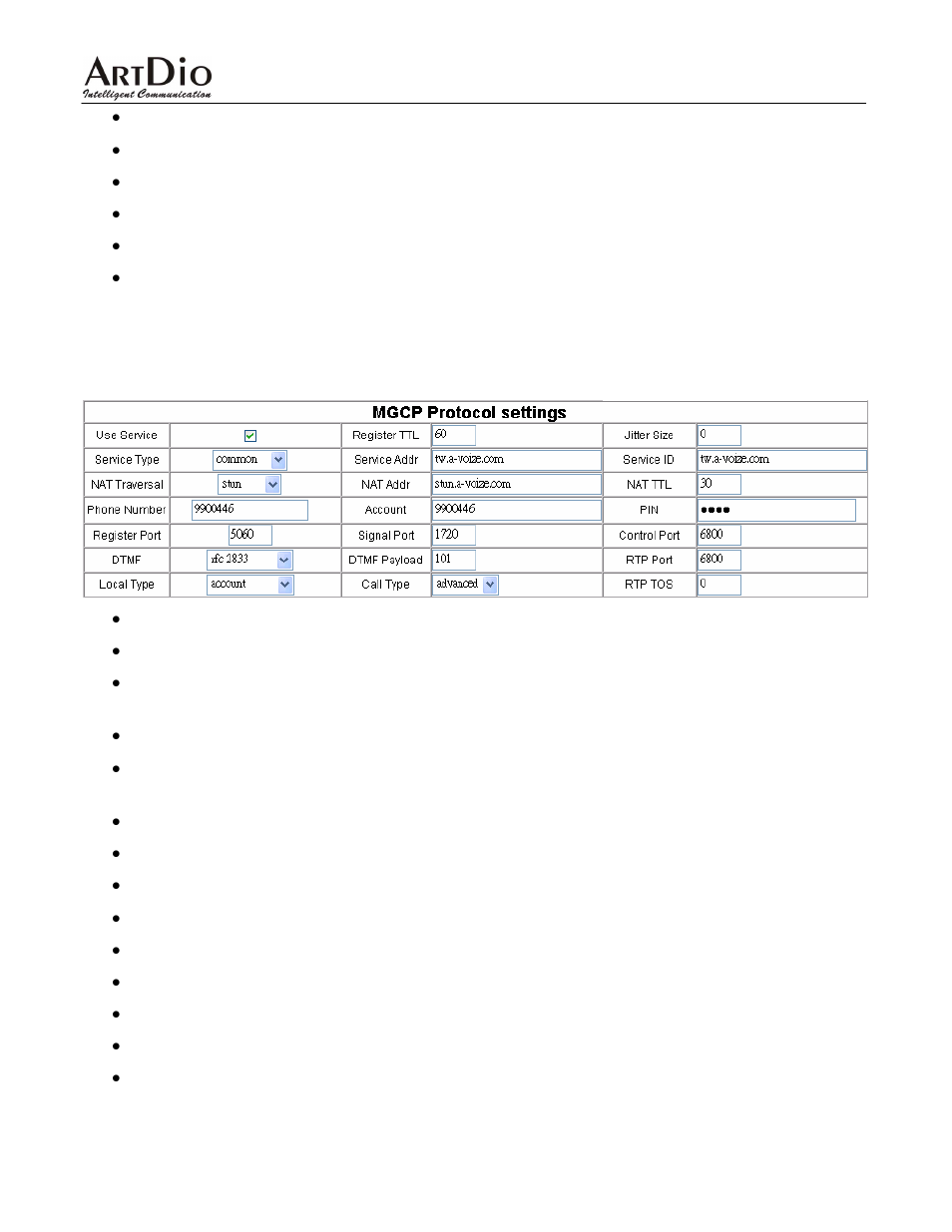 3 mgcp web configuration example, Mgcp web configuration example | ArtDio IPF-2000 User Manual | Page 30 / 36