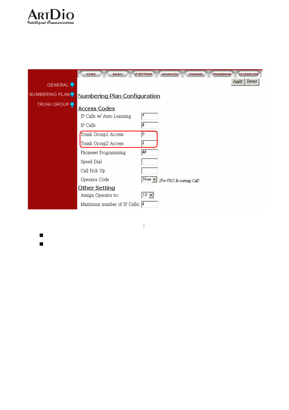 2.1 assigning trunk group access code | ArtDio IPC 1000 Series User Manual | Page 20 / 67
