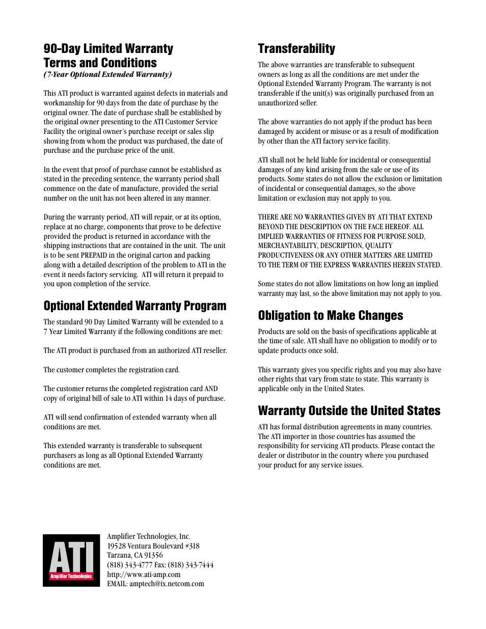 Day limited warranty terms and conditions, Optional extended warranty program, Transferability | Obligation to make changes, Warranty outside the united states | Amplifier Tech AT1202 User Manual | Page 12 / 12