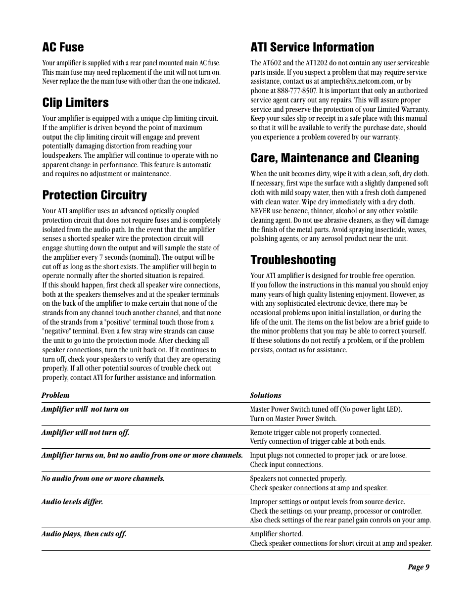 Ac fuse, Clip limiters, Protection circuitry | Ati service information, Care, maintenance and cleaning, Troubleshooting | Amplifier Tech AT1202 User Manual | Page 9 / 12