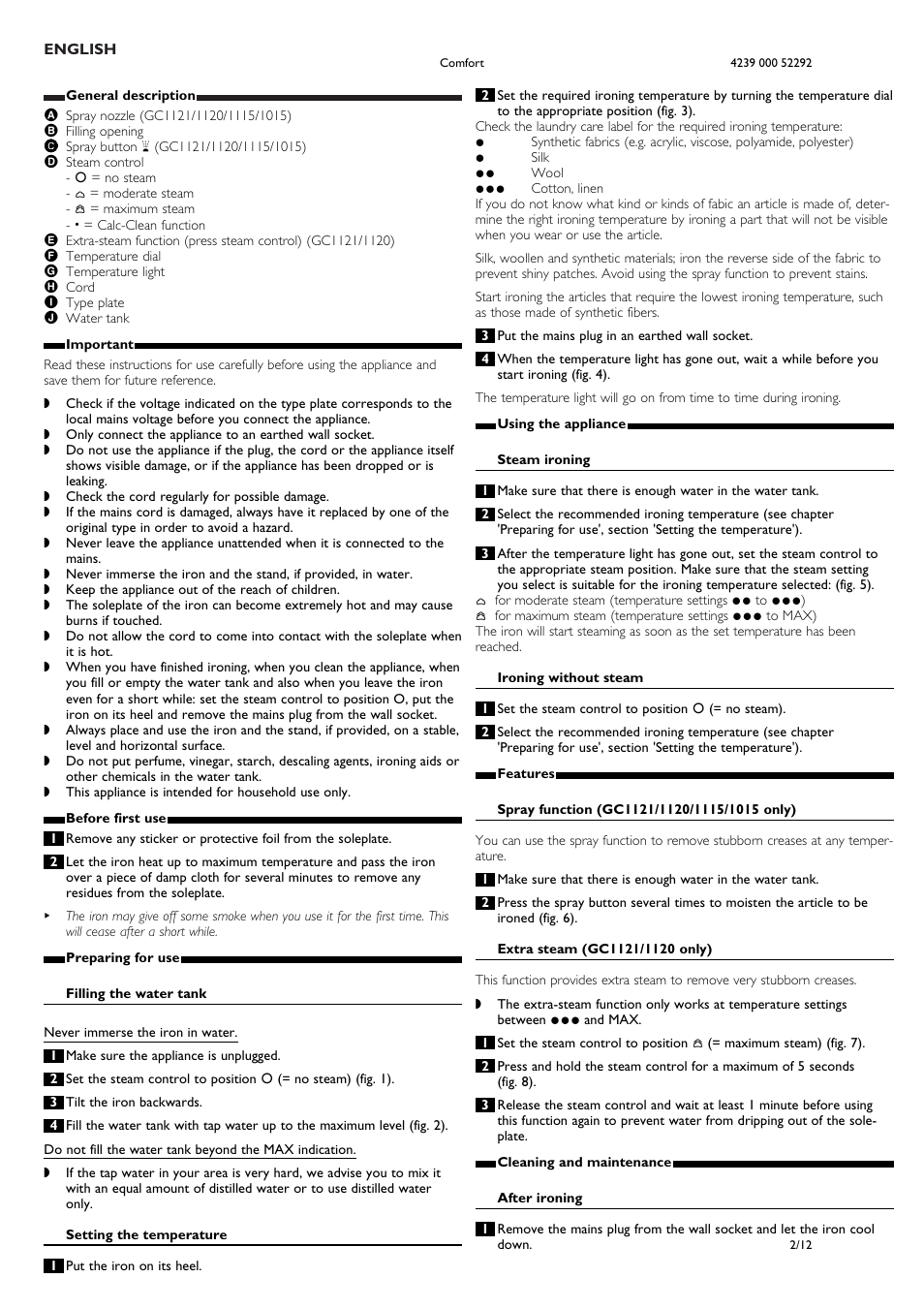 English | Philips Dampfbügeleisen User Manual | Page 2 / 12