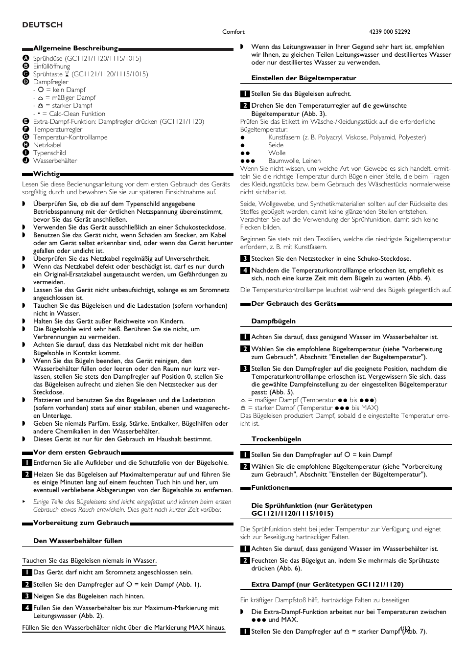 Deutsch | Philips Dampfbügeleisen User Manual | Page 4 / 12