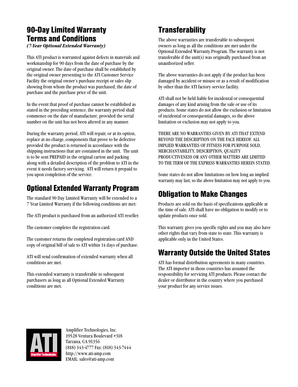 Day limited warranty terms and conditions, Optional extended warranty program, Transferability | Obligation to make changes, Warranty outside the united states | Amplifier Tech AT2000 User Manual | Page 12 / 12