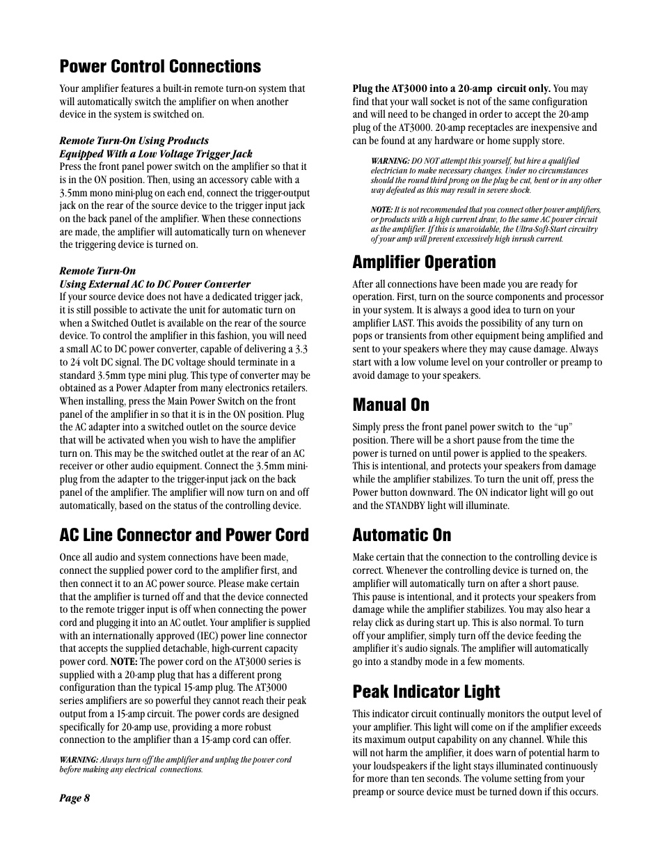 Power control connections, Ac line connector and power cord, Amplifier operation | Manual on, Automatic on, Peak indicator light | Amplifier Tech AT2000 User Manual | Page 8 / 12