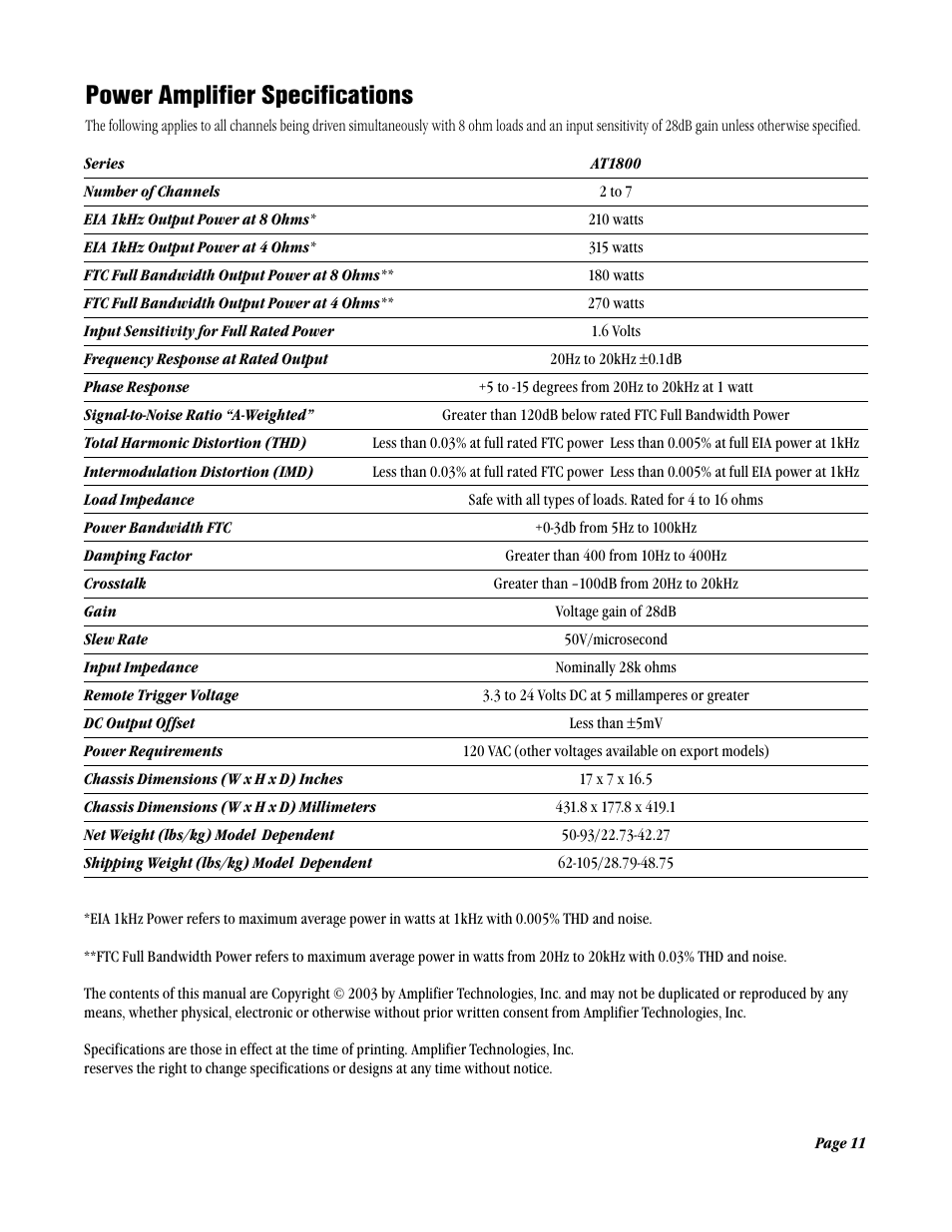 Power amplifier specifications | Amplifier Tech AT1800 Series User Manual | Page 11 / 12