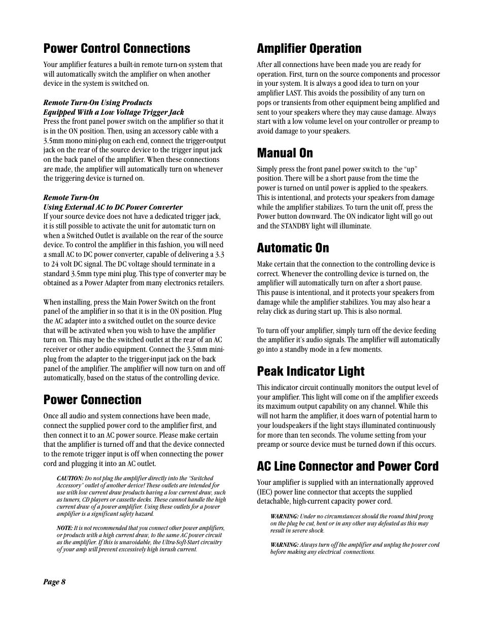 Power control connections, Power connection, Amplifier operation | Manual on, Automatic on, Peak indicator light, Ac line connector and power cord | Amplifier Tech AT1800 Series User Manual | Page 8 / 12