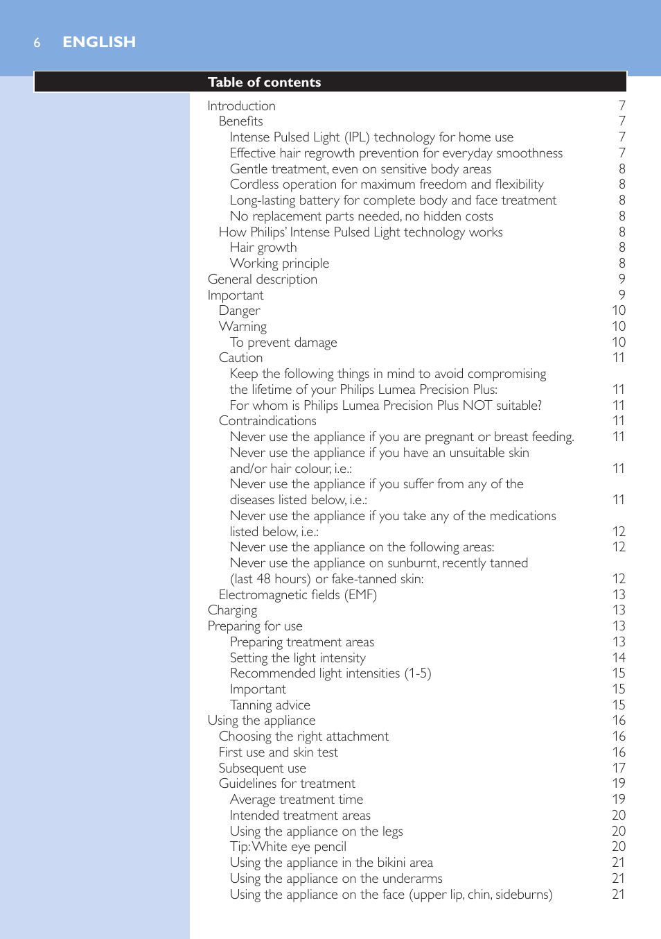 English | Philips Lumea Precision Plus IPL Haarentfernungssystem User Manual | Page 6 / 118