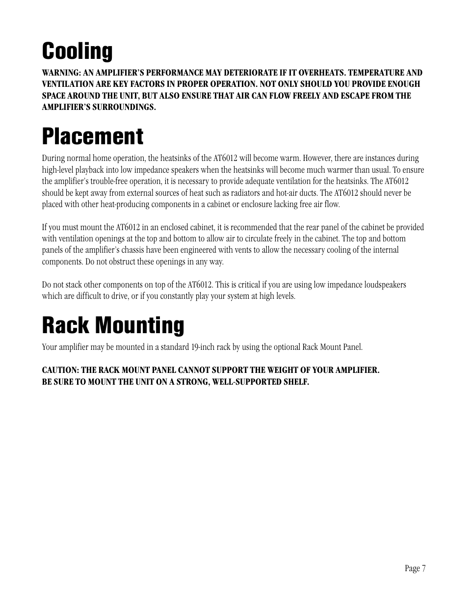 Cooling, Placement, Rack mounting | Amplifier Tech AT6012 User Manual | Page 7 / 16