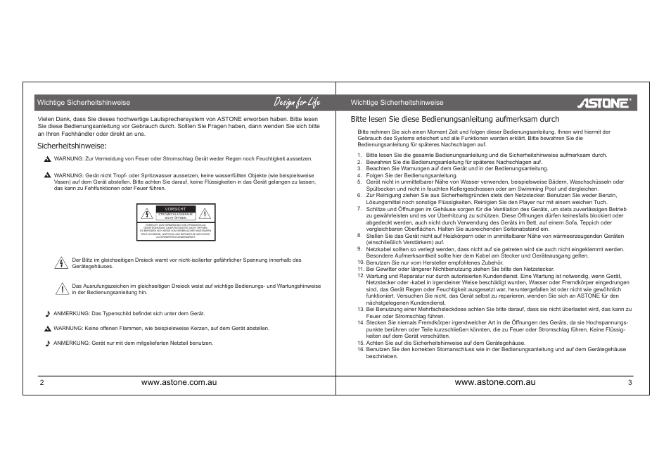 I-ballroom_manual_p13.pdf, Sicherheitshinweise | Astone Holdings Pty high quality speaker system User Manual | Page 14 / 24