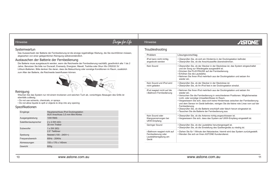 I-ballroom_manual_p17.pdf, Systemwartun, Austauschen der batterie der fernbedienung | Reinigung, Spezifikationen troubleshooting | Astone Holdings Pty high quality speaker system User Manual | Page 18 / 24