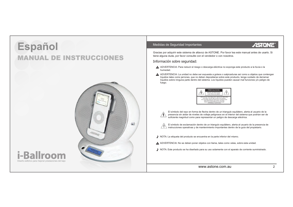 I-ballroom_manual_p18.pdf, Español, Manual de instrucciones | Astone Holdings Pty high quality speaker system User Manual | Page 19 / 24