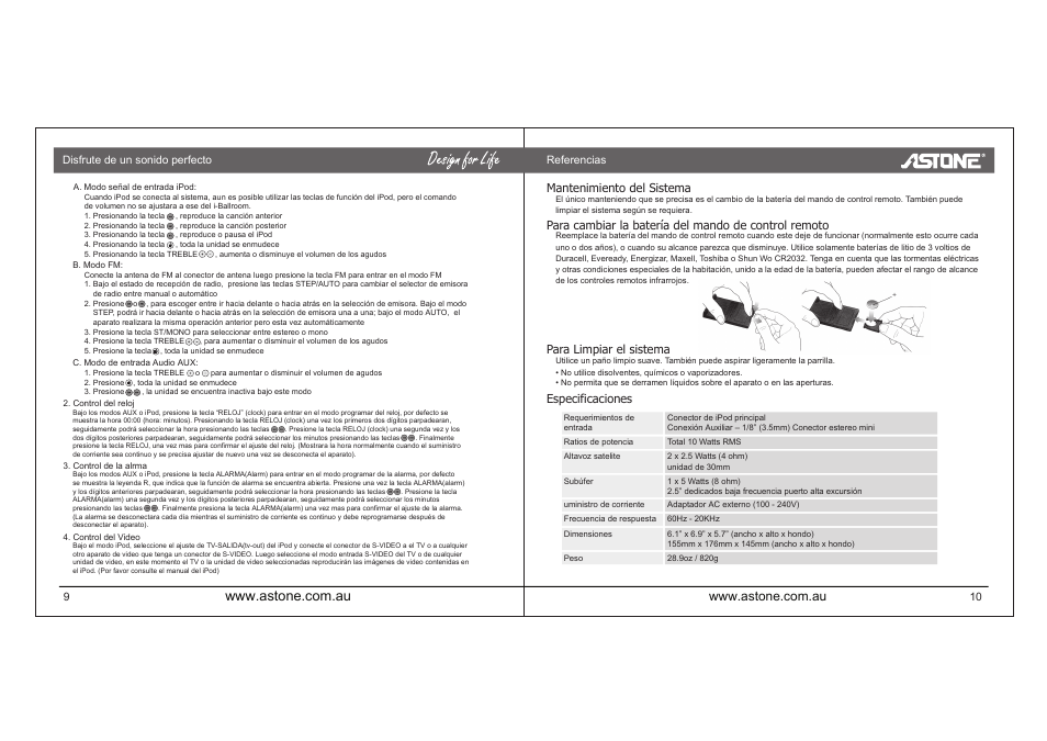 I-ballroom_manual_p22.pdf, Mantenimiento del sistema, Para limpiar el sistema | Astone Holdings Pty high quality speaker system User Manual | Page 23 / 24