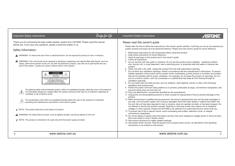 I-ballroom_manual_p02.pdf, Please read this owner’s guide, Safety information | Astone Holdings Pty high quality speaker system User Manual | Page 3 / 24
