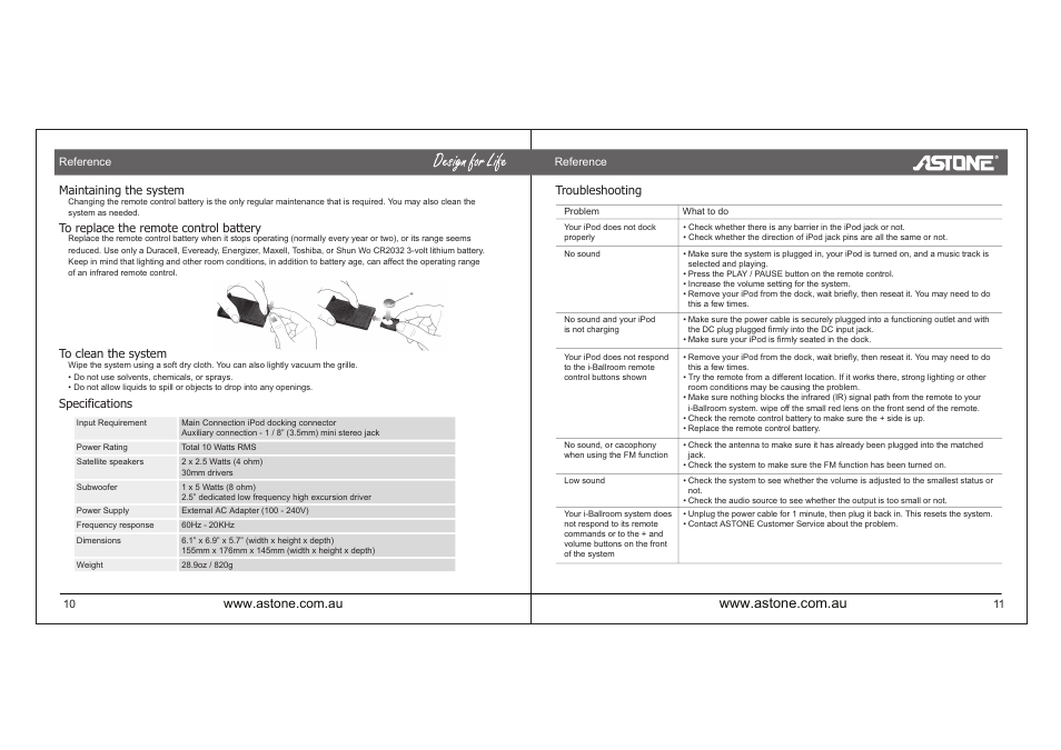I-ballroom_manual_p06.pdf, Maintaining the system, Specifications troubleshooting | Astone Holdings Pty high quality speaker system User Manual | Page 7 / 24