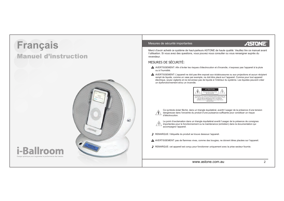 I-ballroom_manual_p07.pdf, Français, Manuel d’instruction | Astone Holdings Pty high quality speaker system User Manual | Page 8 / 24