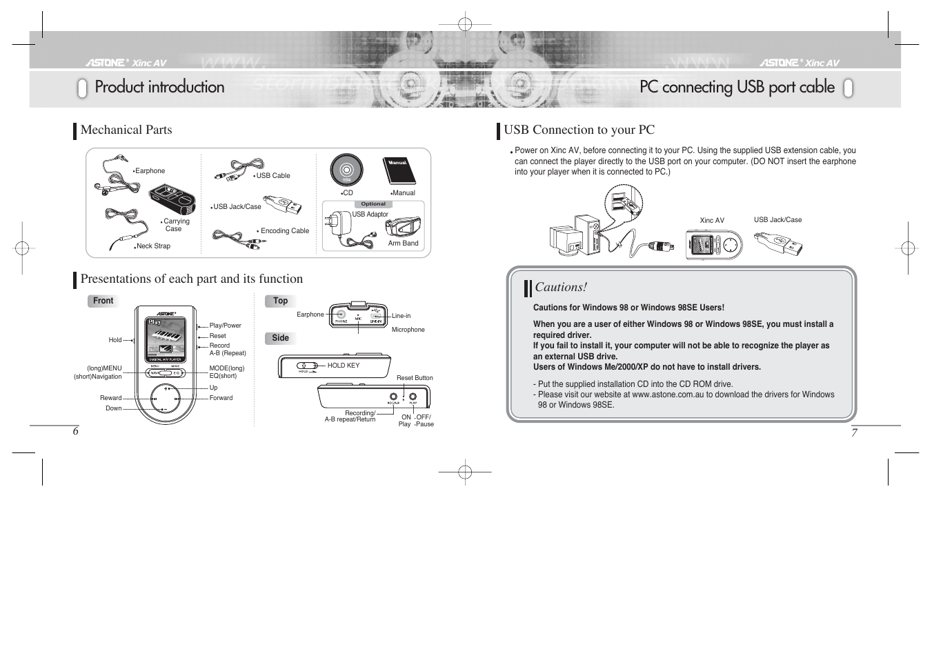 Pc connecting usb port cable, Product introduction, Cautions | Astone Holdings Pty Xinc AV Mini A/V Theater User Manual | Page 3 / 10