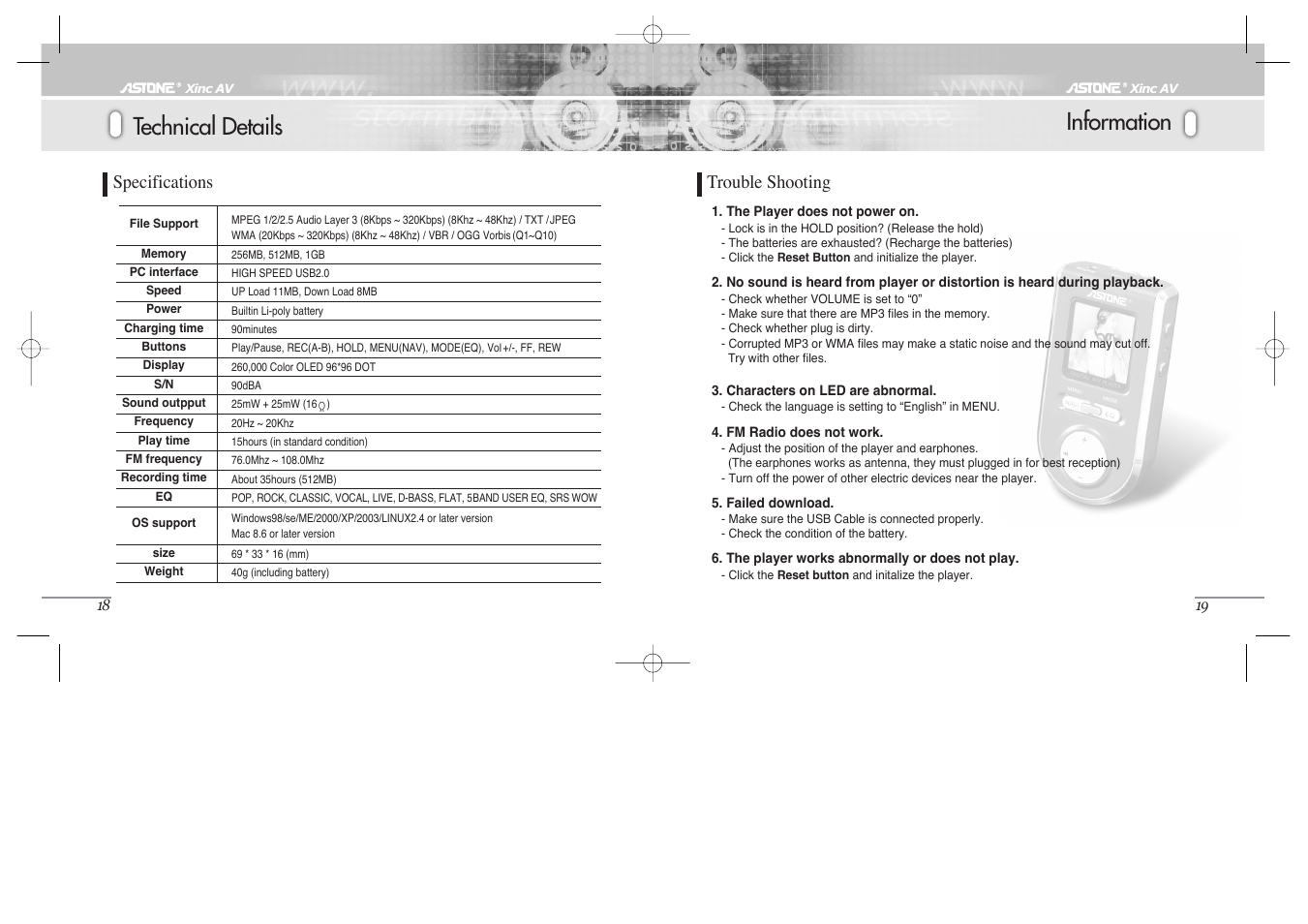 Information, Technical details, Specifications | Trouble shooting | Astone Holdings Pty Xinc AV Mini A/V Theater User Manual | Page 9 / 10