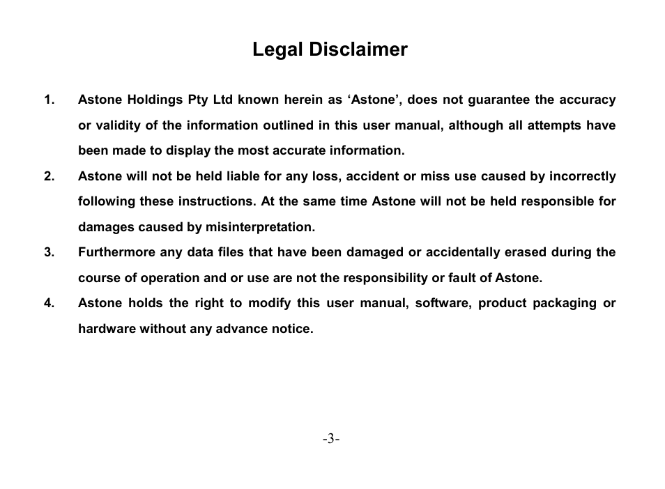 Legal disclaimer | Astone Holdings Pty Digital Audio Box User Manual | Page 3 / 56