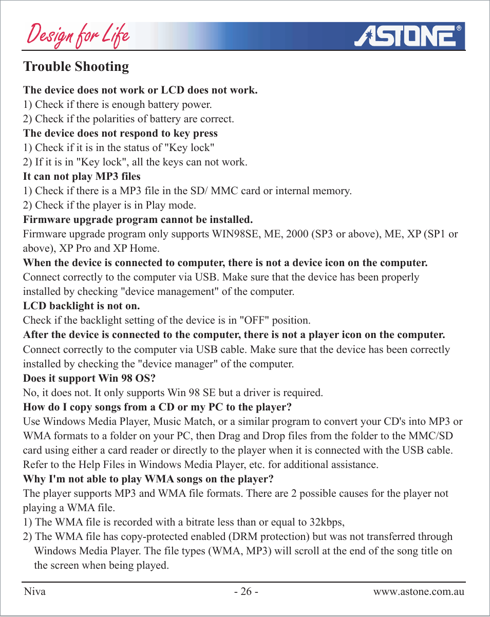 Trouble shooting | Astone Holdings Pty NIVA User Manual | Page 27 / 29