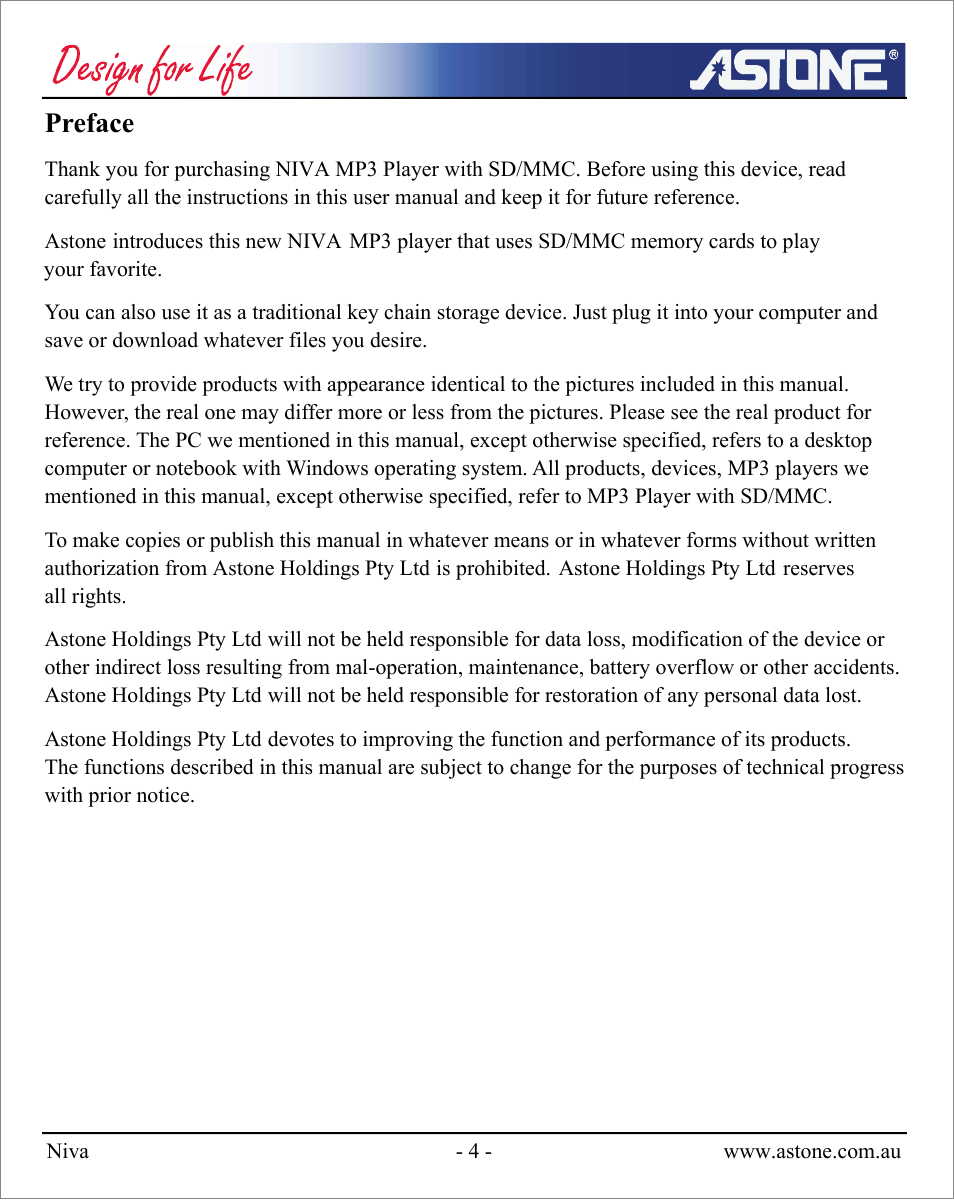 Preface | Astone Holdings Pty NIVA User Manual | Page 5 / 29