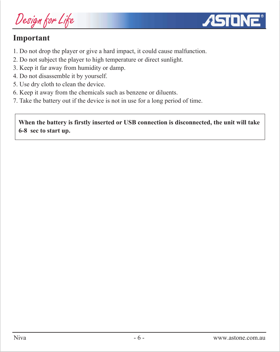 Important | Astone Holdings Pty NIVA User Manual | Page 7 / 29