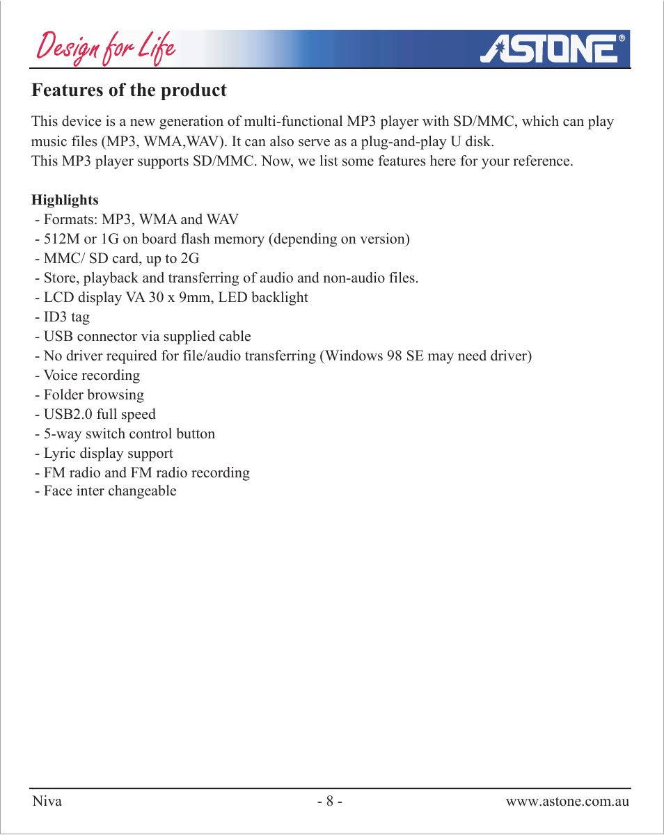 Features of the product | Astone Holdings Pty NIVA User Manual | Page 9 / 29