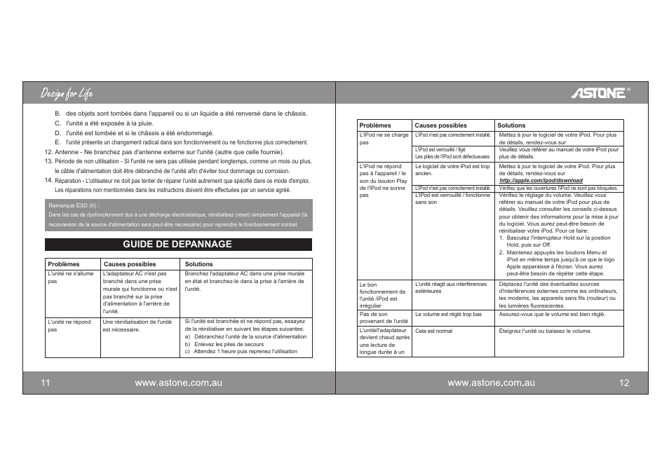 02_fre_11-12.pdf, Guide de depannage | Astone Holdings Pty i-NAPAll-in-one iPod Docking Station User Manual | Page 15 / 30