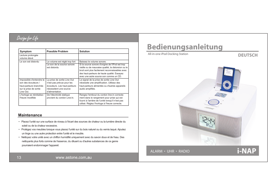 02_fre_13_03_ger_00.pdf, Bedienungsanleitung, I-nap | Deutsch, Maintenance 13, Alarm • uhr • radio | Astone Holdings Pty i-NAPAll-in-one iPod Docking Station User Manual | Page 16 / 30