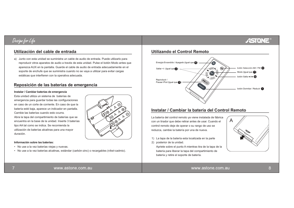 04_spa_07-08.pdf, Utilización del cable de entrada, Reposición de las baterías de emergencia | Astone Holdings Pty i-NAPAll-in-one iPod Docking Station User Manual | Page 27 / 30