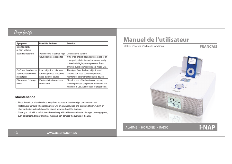 01_eng_13_02_fre_00.pdf, Manuel de l'utilisateur, I-nap | Astone Holdings Pty i-NAPAll-in-one iPod Docking Station User Manual | Page 9 / 30