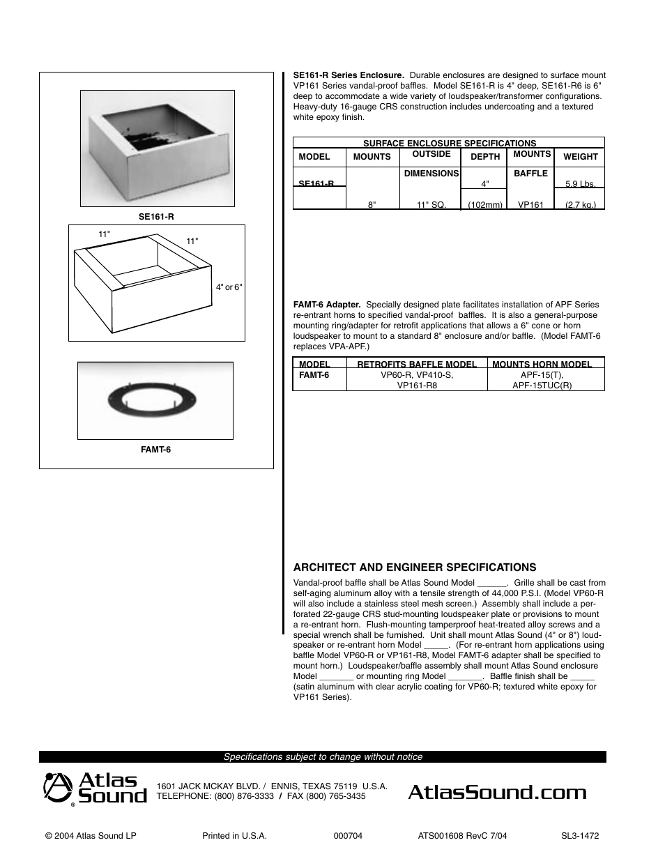 Atlas Sound SE161-R(6) User Manual | Page 2 / 2