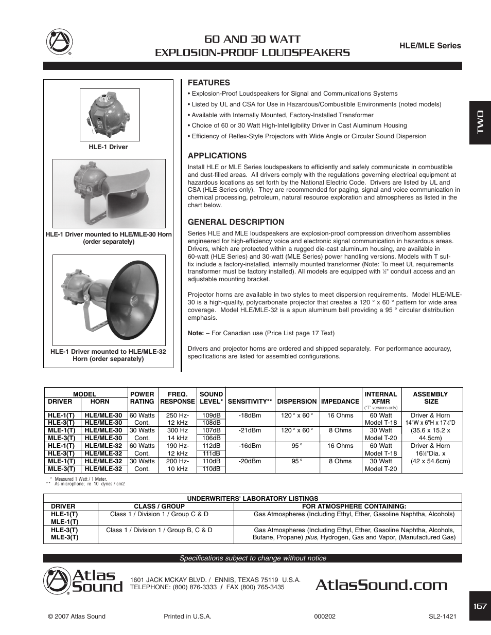 Atlas Sound 60 and 30 Watt Explosion-Proof Loudspeakers MLE Series User Manual | 2 pages