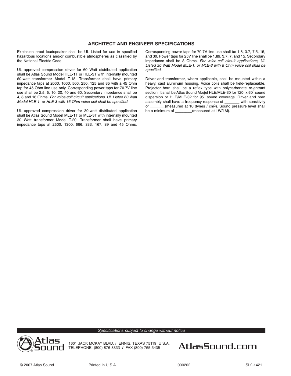 Atlas Sound 60 and 30 Watt Explosion-Proof Loudspeakers MLE Series User Manual | Page 2 / 2